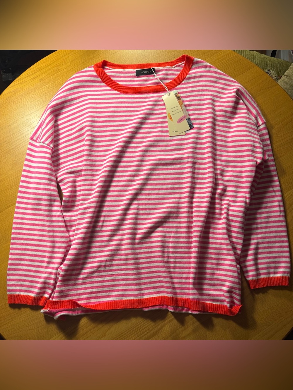 Dokotoo Pink & White Striped Crewneck Sweater with Coral Trim